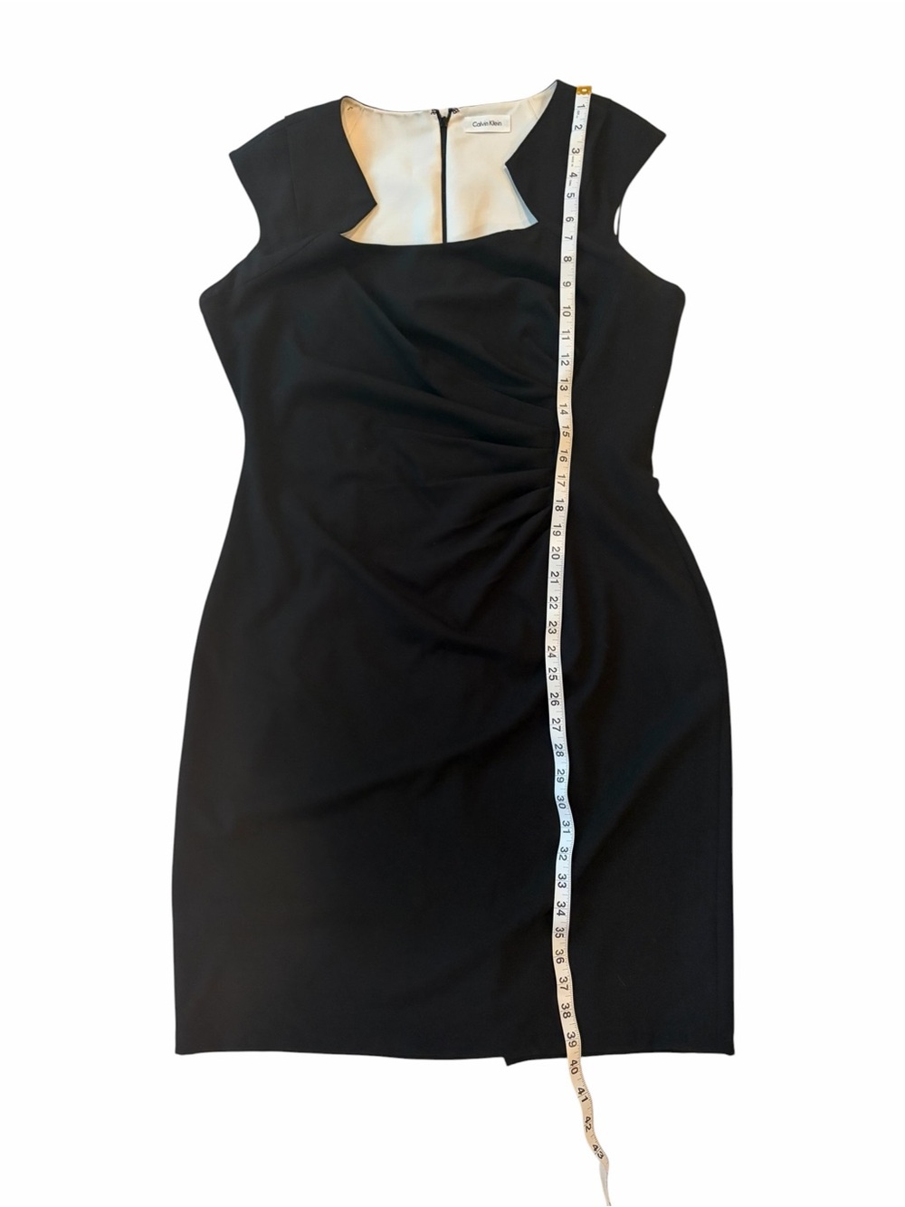 Calvin Klein Black Ruched Side Asymmetric Neck Sheath Dress 14 EUC - Picture 8 of 8